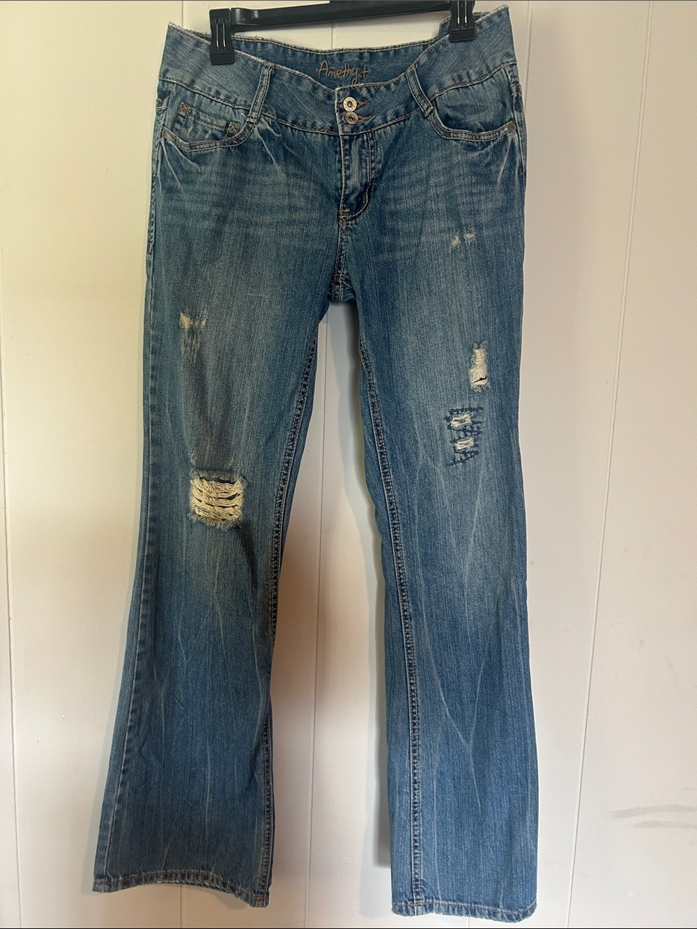 Y2K Amethyst Jeans Distressed Flare Jeans in Medium Blue Wash